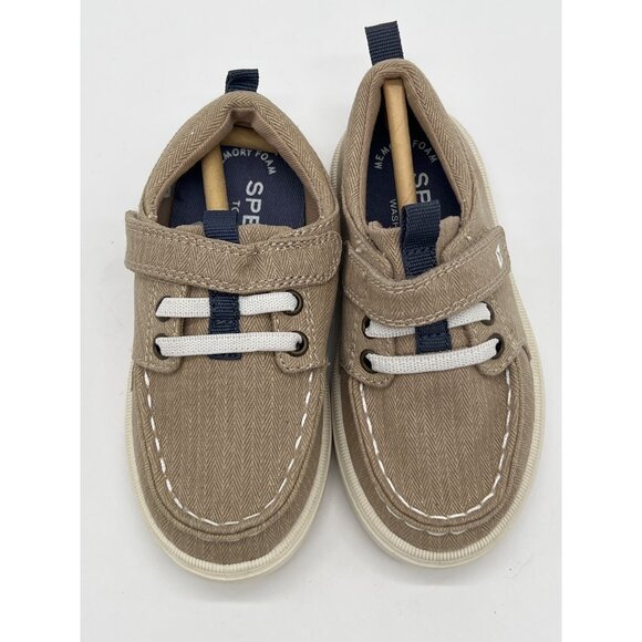 Sperry Toddler Size 7 Herringbone Boat Shoes Beige & Navy Hook & Loop - Picture 6 of 9